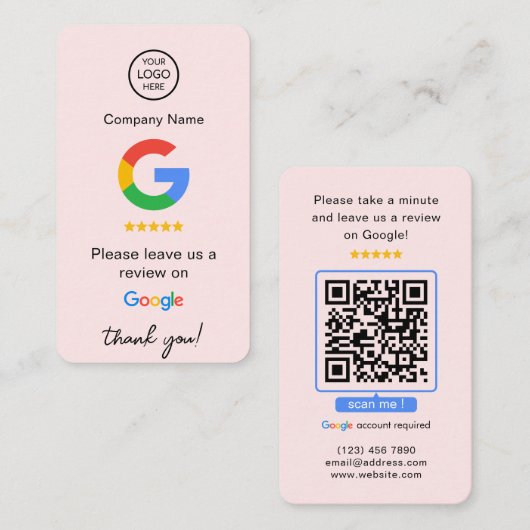 Pink GoogleレビューQRコードビジネスレビューUs 名刺 (正面/裏面)