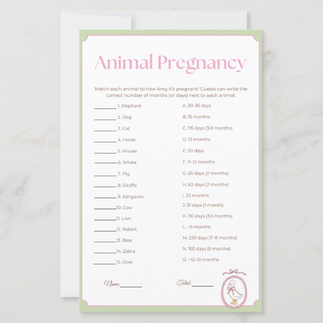 Pink Goose Baby Shower Animal Pregnancy Game Card  (正面)