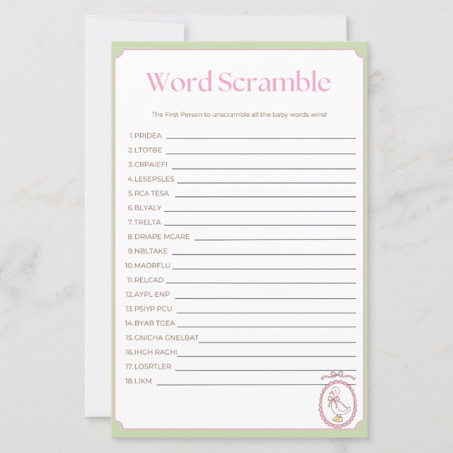 Pink Goose Baby Shower Word Scramble Activity Game (正面)