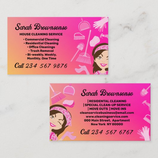 Pink Gradient Cleaning Service Janitorial 名刺 (正面/裏面)