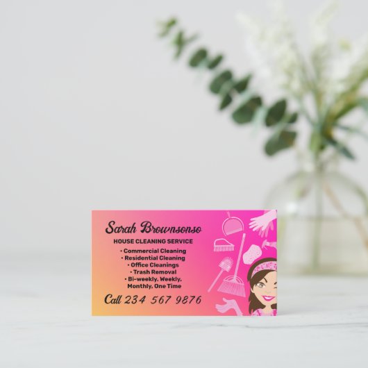 Pink Gradient Cleaning Service Janitorial 名刺 (スタンド正面)