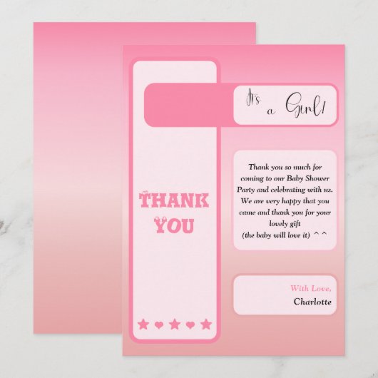 Pink Gradient Cute Eyeball Text Baby Shower サンキューカード (正面/裏面)