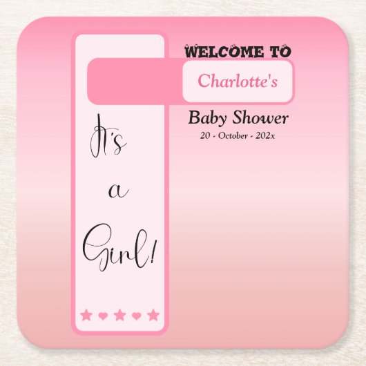 Pink Gradient Cute Eyeball Text Baby Shower スクエアペーパーコースター (正面)