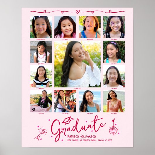Pink Graduation K–12 Photo Collage Red Doodles Fun ポスター (正面)