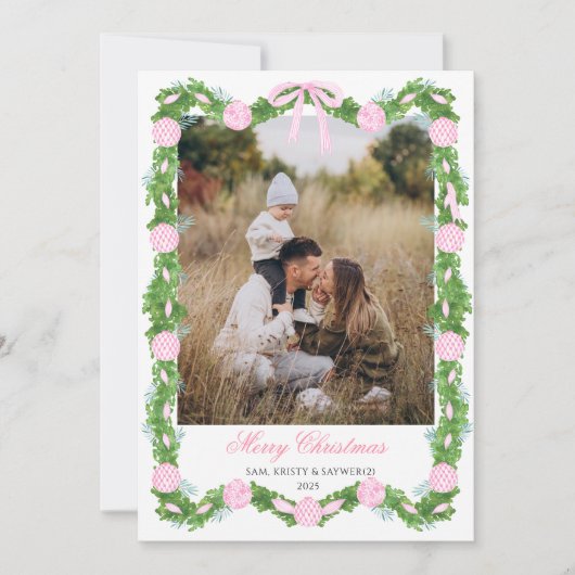 Pink Grandmillennial Photo Christmas Card 招待状 (正面)