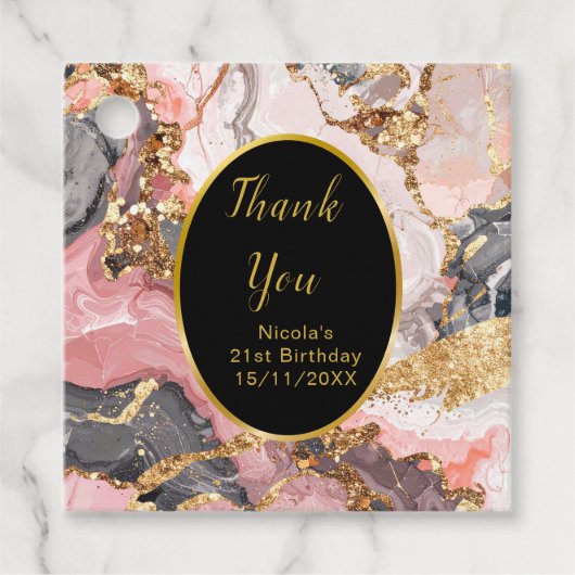 Pink, Gray and Gold Marble Agate Birthday Party フェイバータグ (正面)
