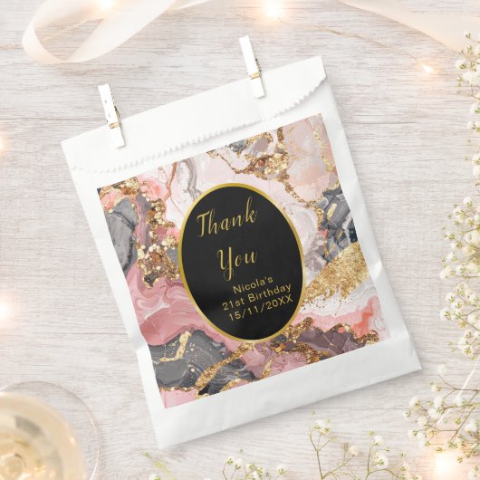 Pink, Gray and Gold Marble Agate Birthday Party フェイバーバッグ (クリップ留めされた状態)