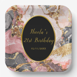 Pink, Gray and Gold Marble Agate Birthday Party ペーパープレート