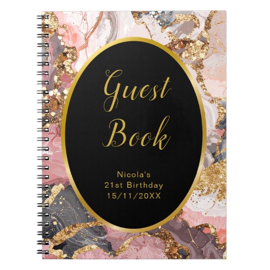 Pink, Gray and Gold Marble Birthday Guest Book ノートブック (正面)