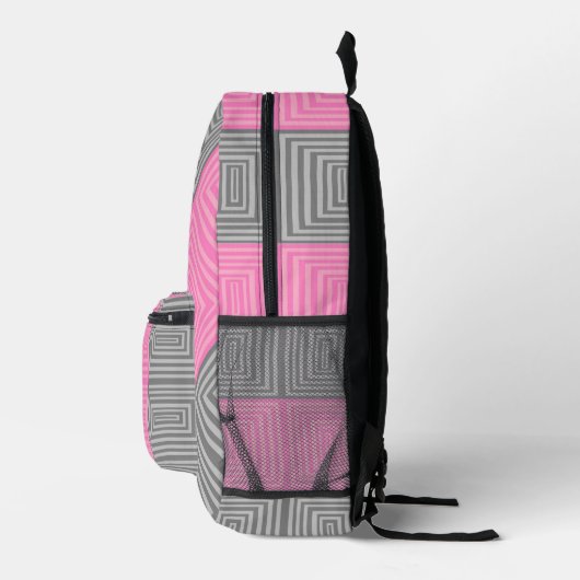 Pink & Gray Backpack With Abstract Squares Stripes プリントバックパック (右)
