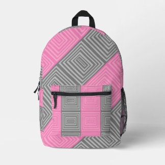 Pink & Gray Backpack With Abstract Squares Stripes プリントバックパック