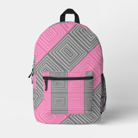 Pink & Gray Backpack With Abstract Squares Stripes プリントバックパック (正面)