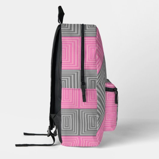 Pink & Gray Backpack With Abstract Squares Stripes プリントバックパック (左)