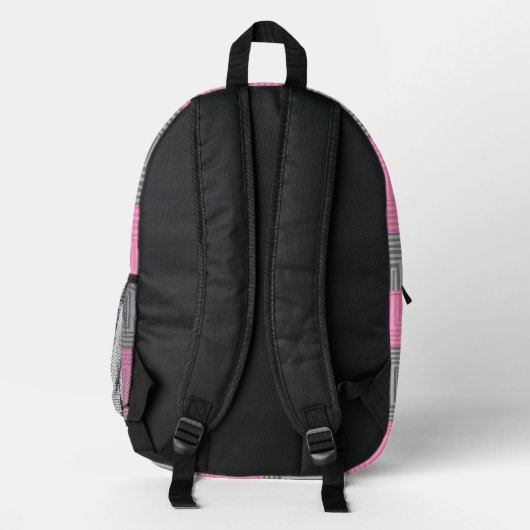 Pink & Gray Backpack With Abstract Squares Stripes プリントバックパック (裏面)