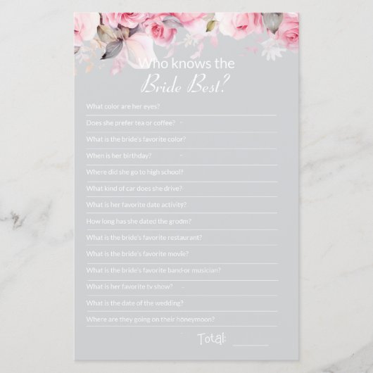 Pink Gray Bridal Shower How well do you Game Card (正面)
