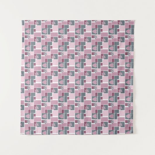 Pink gray brown patchwork of square patches タペストリー (正面(横))