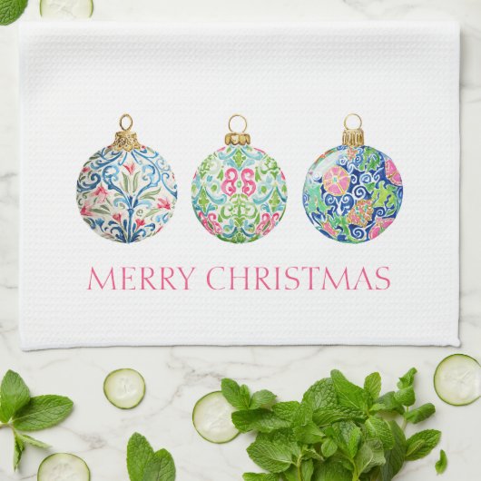 Pink Green and Navy Blue Chinoiserie Christmas キッチンタオル (折り畳み)