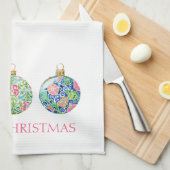 Pink Green and Navy Blue Chinoiserie Christmas キッチンタオル (四つ折り)