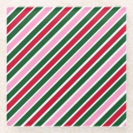  Pink Green and Red Christmas Candy Cane Stripes  ガラスコースター