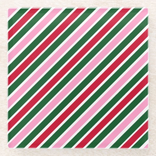 Pink Green and Red Christmas Candy Cane Stripes ガラスコースター (正面)