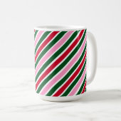Pink Green and Red Christmas Candy Cane Stripes コーヒーマグカップ (正面右)