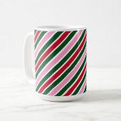 Pink Green and Red Christmas Candy Cane Stripes コーヒーマグカップ (正面左)