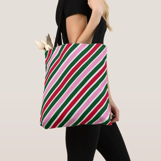  Pink Green and Red Christmas Candy Cane Stripes  トートバッグ (クローズアップ)