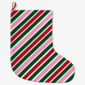 Pink Green and Red Christmas Candy Cane Stripes  ラージクリスマスストッキング (正面)