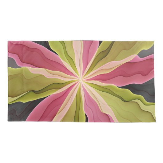 Pink Green Anthracite Fantasy Flower Fractal Art 枕カバー (裏面)