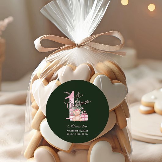 Pink Green Baby First Christmas ラウンドシール