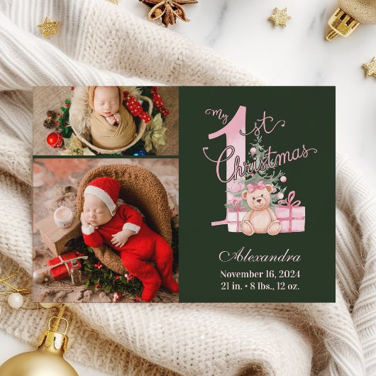 Pink Green Baby First Christmas 2 Photo   シーズンカード