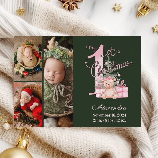 Pink Green Baby First Christmas 3 Photo シーズンカード