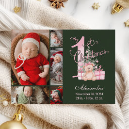 Pink Green Baby First Christmas 5 Photo シーズンカード
