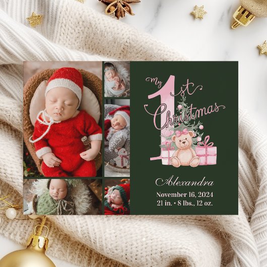 Pink Green Baby First Christmas 5 Photo   シーズンカード