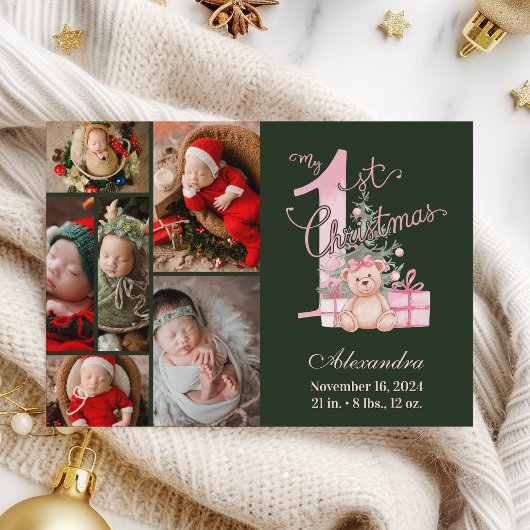 Pink Green Baby First Christmas 6 Photo   シーズンカード