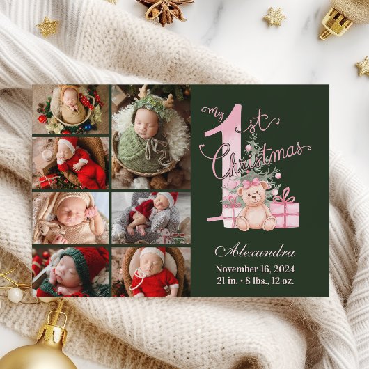 Pink Green Baby First Christmas 7 Photo シーズンカード