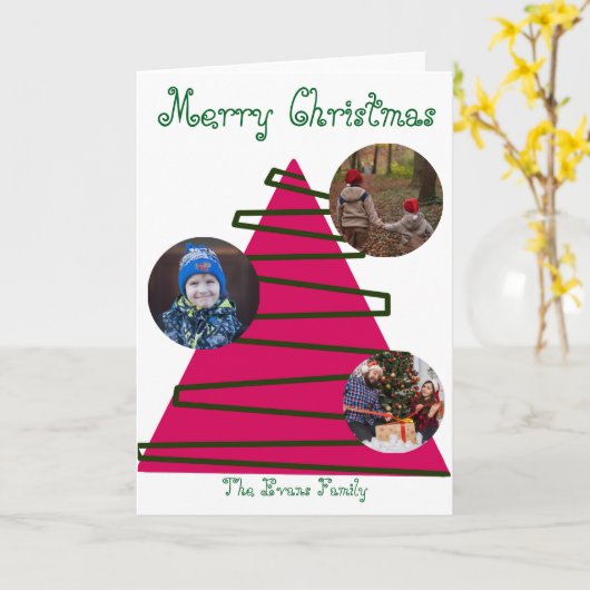 Pink & green Christmas tree カード (黄色い花)