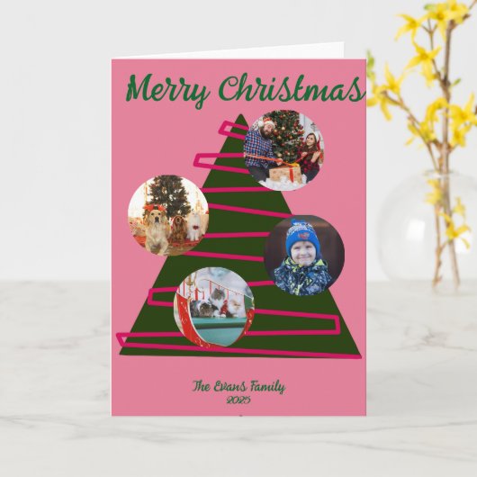 Pink & green Christmas tree カード (黄色い花)