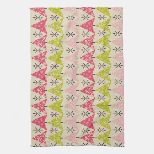 Pink & green Christmas trees. キッチンタオル (縦)