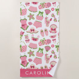 Pink & Green Coquette Summer Beach Vacation ビーチタオル