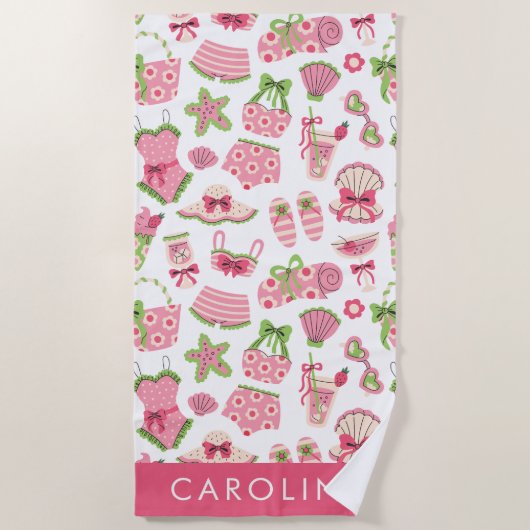 Pink & Green Coquette Summer Beach Vacation ビーチタオル (正面)