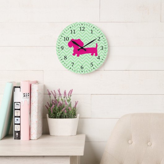 Pink & Green Dachshund Wall Clock ラージ壁時計 (読書スペース)