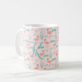 Pink Green Flamingo Monogram Tropical Birds コーヒーマグカップ (正面左)