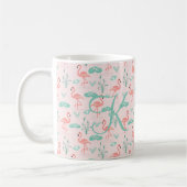 Pink Green Flamingo Monogram Tropical Birds コーヒーマグカップ (左)