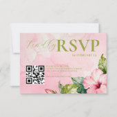 Pink Green Floral Summer Watercolor QRcode Wedding 出欠カード (正面)