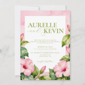 Pink Green Floral Summer Watercolor QRcode Wedding 招待状 (正面)