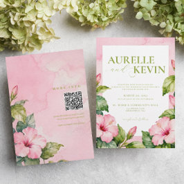 Pink Green Floral Summer Watercolor QRcode Wedding 招待状