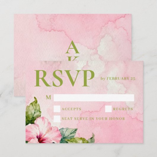 Pink Green Floral Summer Watercolor Wedding 出欠カード (正面/裏面)