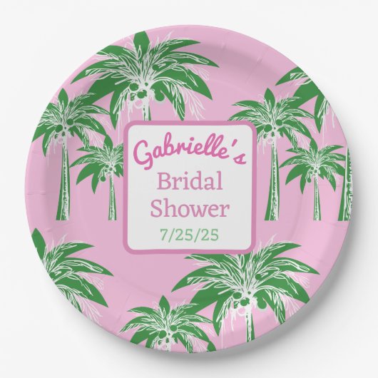 Pink & Green Font Palm Tree Bridal Shower Custom ペーパープレート (正面)