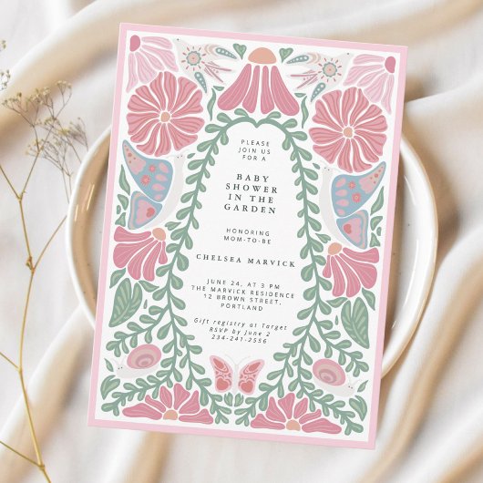 Pink green Garden Baby Shower Invitation  招待状